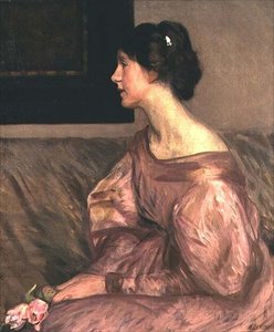 Portræt af en siddende dame, halvlang profil med to lyserøde roser og iført en lyserød kjole af George Clausen