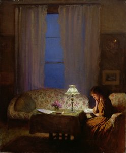 Reading by Lamplight (Twilight: Interior) (olie på lærred) af George Clausen