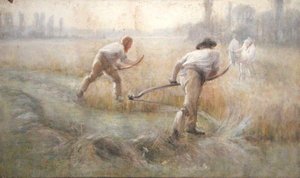 Scything (akvarel på papir) af George Clausen