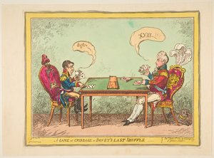 A Game of Cribbage or Boneys Last Shuffle, 6. juni 1814. af George Cruikshank
