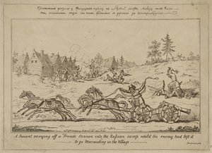 En bonde, der bar en fransk kanon ind i den russiske lejr, mens fjenden havde forladt den for at plyndre i landsbyen, udgivet 8. juni 1813 af George Cruikshank