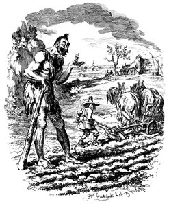 En kæmpe står på en mark, mens en bonde pløjer, 1800-tallet. af George Cruikshank