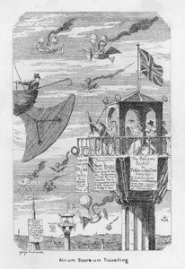 Air-um, Scare-um Traveling - altså forventning om fremtidens flyvning i 1843 af George Cruikshank