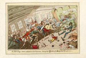 An Interesting Scene on board an East-Indiaman, showing the Effects of a Heavy Lurch, pub.1818 (farvelagt radering) af George Cruikshank