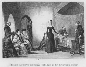 Biskop Gardiner konference med Jane i Beauchamp Tower (gravering) af George Cruikshank