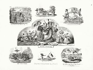 Tegnefilm af George Cruikshank med temaet overdimensionerede damehjelmer (gravering) af George Cruikshank