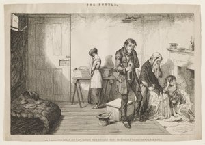 Kulde, elendighed og nød ødelægger deres yngste barn: De trøster sig med flasken. af George Cruikshank