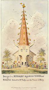 Design til et ritualistisk højkirketårn og tårn, dedikeret til Dr. Pusey and the Vicar of Bray, 1868 (tryk) af George Cruikshank