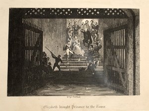 Elizabeth bragte fangen til Tower, fra The Tower of London, pub. 1840 af George Cruikshank