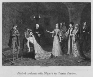 Elizabeth konfronteret med Wyat i torturkammeret (gravering) af George Cruikshank