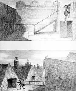 Flugt nr. 3, fra "Jack Sheppard" af W. H. Ainsworth, udgivet i 1839 af George Cruikshank