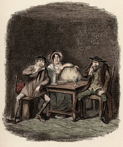 Fagin gør forretninger med Morris Bolter, alias Noe Claypole, og Charlotte - Jøden og Morris Bolter begynder at forstå hinanden - Illustration til "" Oliver Twist"" (Olivier) (The Adventures of Oliver Twist) af Charles Dickens (1812-1870) ), af George af George Cruikshank