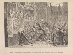 Henry opfatter Norris tage Anne Boleyns lommetørklæde op ved dysterne af George Cruikshank
