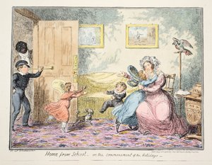 Hjemme fra skole eller feriens begyndelse pub. 1835 (håndkoloreret gravering) af George Cruikshank