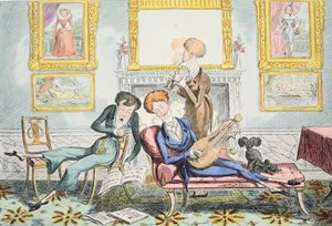 Hummingbirds or A Dandy Trio, pub. 1835 (håndfarvet gravering) af George Cruikshank