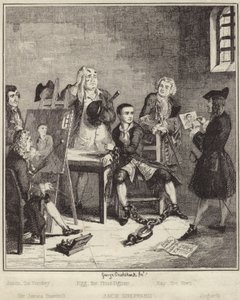 Jack Sheppard får sit portræt malet af Sir James Thornhill i fængslet af George Cruikshank