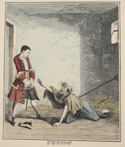 Jack Sheppard besøger sin mor i Bedlam, illustration fra Jack Sheppard: A Romance af William Harrison Ainsworth, udgivet 1839 (håndfarvet radering)