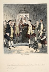 Jack Sheppards jern slået af i Stone Hall ved Newgate, illustration fra Jack Sheppard: A Romance af William Harrison Ainsworth, udgivet 1839 (håndfarvet radering) af George Cruikshank