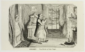 Januar - Årets fødsel fra George Cruikshanks stålstik til The Comic Almanacks: 1835-1853 af George Cruikshank