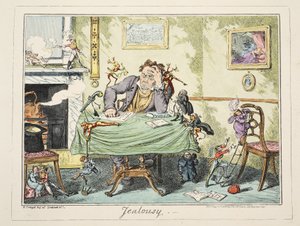 Jalousi, pub. 1835 (håndfarvet gravering) af George Cruikshank