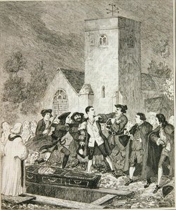 Jonathan Wild griber Jack ved sin mors begravelse i Willesden Churchyard, illustration fra 