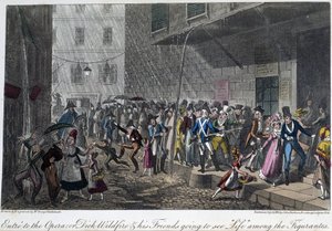 Indgangen til Operaen i Paris - i ""Livet i Paris"" af David Carey, ill. af Georges Cruikshank, red. Faiburn, London af George Cruikshank