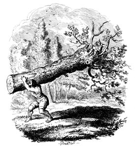 Mand med en stor træstamme på skulderen, 1800-tallet.