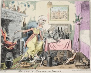 Blanding af en opskrift på majs, pub. 1835 (håndfarvet gravering) af George Cruikshank