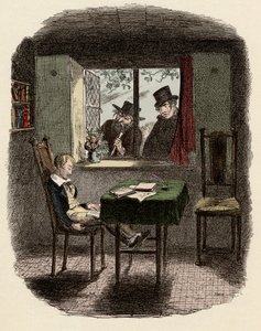 Munke og Fagin observerer Oliver sove i Maylie Library - Munke og jøden - Illustration til "" Oliver Twist"" (Oliver) (The Adventures of Oliver Twist) af Charles Dickens (1812-1870), af George Cruikshank (1792-1878) ). af George Cruikshank