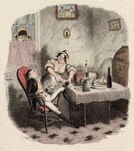 Monsieur Bumble observerer Noe Claypole og Charlotte - Mr. Claypole, som han dukkede op, da hans herre var ude - Illustration til "" Oliver Twist"" (Olivier) (The Adventures of Oliver Twist) af Charles Dickens (1812-1870), af George Cruikshank ( 1792-1878) af George Cruikshank