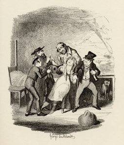 Hr. Fagin og hans elev, der kommer sig Nancy, fra "The Adventures of Oliver Twist" af Charles Dickens (1812-70) 1838, udgivet af Chapman und Hall, 1901 af George Cruikshank