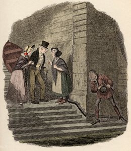 Noe Claypole spionerer på den hemmelige aftale mellem Mr. Brownlow, Rose Maylie og Nancy - mødet - Illustration for “” Oliver Twist ”” (Olivier) (The Adventures of Oliver Twist) af Charles Dickens (1812-1870), af George Cruikshank (1792-1878). af George Cruikshank