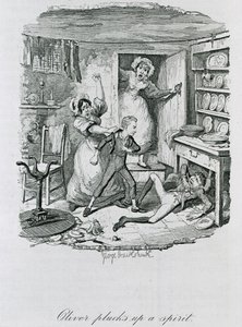 Oliver plukker en ånd op, 1837 af George Cruikshank