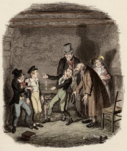 Oliver Twist modtages af gamle Fagin og hans hold - Oliver modtages af Fagin og drengene - Illustration til "Oliver Twist" (Olivier) (The Adventures of Oliver Twist) af Charles Dickens (1812-1870), af George Cruikshank (1792-1878) .