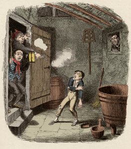 Oliver overrasket og såret under indbrudsforsøget - Indbruddet - Illustration til "" Oliver Twist"" (Olivier) (The Adventures of Oliver Twist) af Charles Dickens (1812-1870), af George Cruikshank (1792-1878). af George Cruikshank