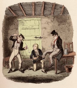 Oliver vokser rævens sko, mens Charley Bates forklarer farerne ved at hænge - Master Bates forklarer en professionel teknikalitet - Illustration til "Oliver Twist" (Olivier) (The Adventures of Oliver Twist) af Charles Dickens (1812-1870), af George Crui af George Cruikshank
