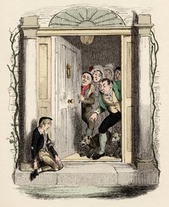 Oliver sår og udstødning beder om hjælp - Oliver Twist ved Mrs Maylies dør - Illustration til "" Oliver Twist"" (Olivier) (The Adventures of Oliver Twist) af Charles Dickens (1812-1870), af George Cruikshank (1792-1878) . af George Cruikshank