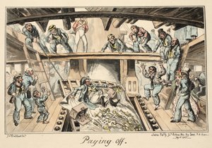 Paying Off, fra Greenwich Hospital, en serie af flådeskitser, Descriptive of a Life of a Man-of-Wars Man, pub. 1826 (håndfarvet gravering) af George Cruikshank