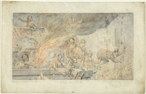 Folk flygter fra en brændende bygning af George Cruikshank