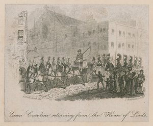 Dronning Caroline vender tilbage fra overhuset af George Cruikshank