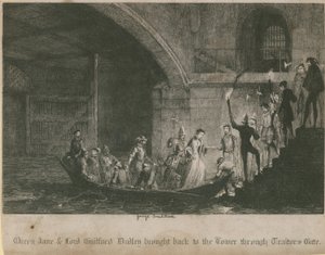 Dronning Jane og Lord Guilford Dudley bragte tilbage til Tower gennem Traitors Gate af George Cruikshank