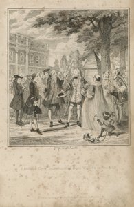 Randulph Crew introducerede til Beau Villiers på Mall af George Cruikshank