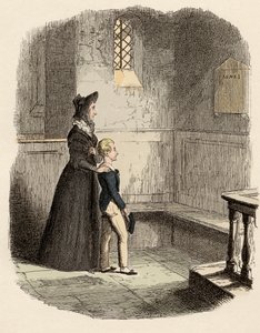 Rose Maylie og Oliver foran mindepladen af Agnes, deres søster og mor - Rose Maylie og Oliver - Illustration til "" Oliver Twist"" (Olivier) (The Adventures of Oliver Twist) af Charles Dickens (1812-1870), af George Cruikshank (179 af George Cruikshank