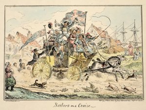 Sailors on a Cruise, from Greenwich Hospital, a Series of Naval Sketches, Descriptive of a Life of a Man-of-Wars Man, pub. 1826 (håndkoloreret gravering) af George Cruikshank