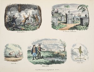 Scraps og skitser: Preservation, An African Settlement, Spoon-bill, Botheration, A Vane Man, pub. 1831 (håndfarvet gravering) af George Cruikshank
