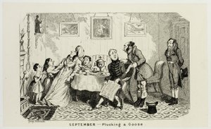 September - Plukning af en gås fra George Cruikshanks stålstik til The Comic Almanacks: 1835-1853 af George Cruikshank