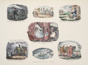 Serie af illustrationer vedrørende fordele og mangler ved at besidde et træben, pub. 1828 (håndfarvet gravering) af George Cruikshank