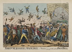 Fjerbolde og makrel, eller medlemmer, der skal stemme om majsloven, 14. marts af George Cruikshank