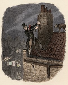 Sikes, efterfulgt af sin hund, forsøger at flygte - Den sidste chance - Illustration til "" Oliver Twist"" (Olivier) (The Adventures of Oliver Twist) af Charles Dickens (1812-1870), af George Cruikshank (1792-1878) . af George Cruikshank