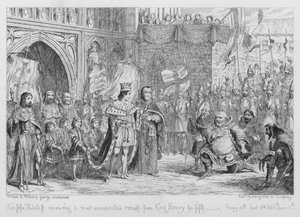 Sir John Falstaff får en uventet irettesættelse af kong Henrik den femte af George Cruikshank